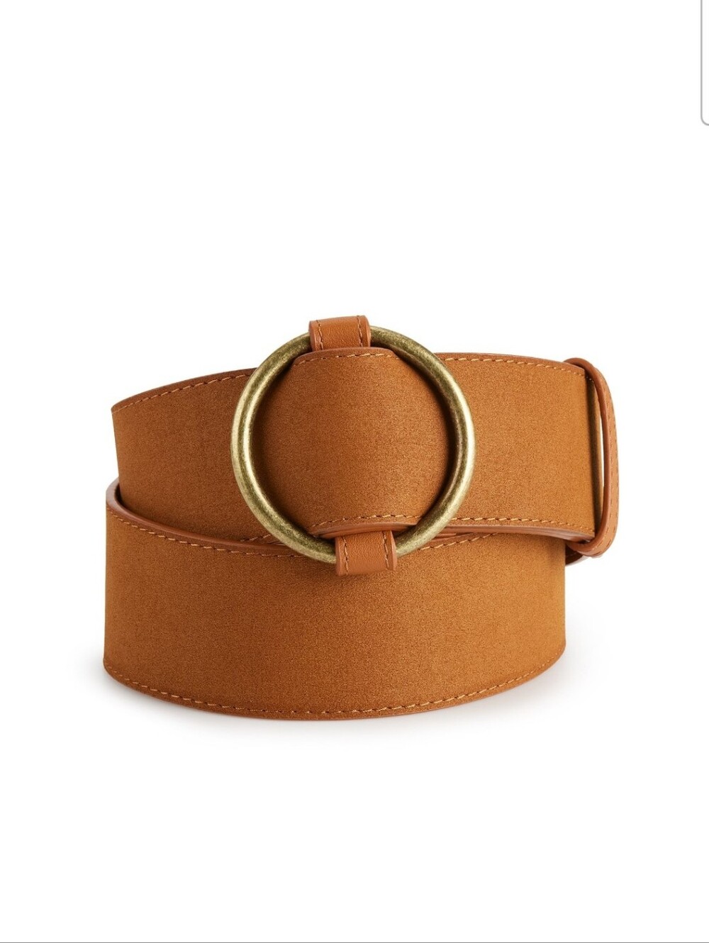 Wide Tan Suede Belt with Antique Gold Ring Buckle
